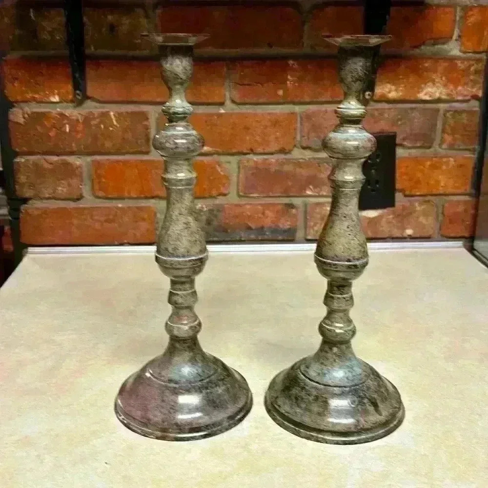 1970's Brass Candlesticks W/Verdigris Style Patina by Made In India By Gratco